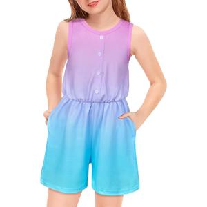 Girls Sleeveless Romper Jumpsuits Summer Crew Neck Short Romper with Pockets One Piece Clothes for Girl 7-12 Years (9-10 Years, Pink-blue)