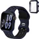 Sport Silicone Bands and Case with Screen Protector Compatible with Apple Watch Band 44mm/45mm/46mm/42mm/41mm/40mm for Men, Breathable Strap and Cover Combo for iWatch Series 11/10/9/8/7/6/5/4/SE (Midnightblue Black)