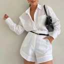 Geulis Womens 2 Piece Outfits Button down Shirts High Waisted Shorts Sets | Long Sleeve Tops,Collared Blouses,With Side Pockets,Lightweight Matching Set for Vacation,Brunch and Casual Wear (White, XXL)
