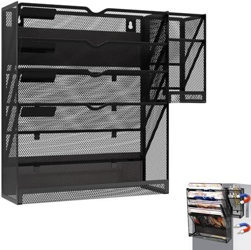 KZWKRG Magnetic File Holder, Magnetic File Organizer Wall Mount, 5 Tier Hanging Mail Organizer Folder Holder, Mesh Desk Accessories and Organizers, Paper Document Magazine Rack with 3 Pen Holder, Black