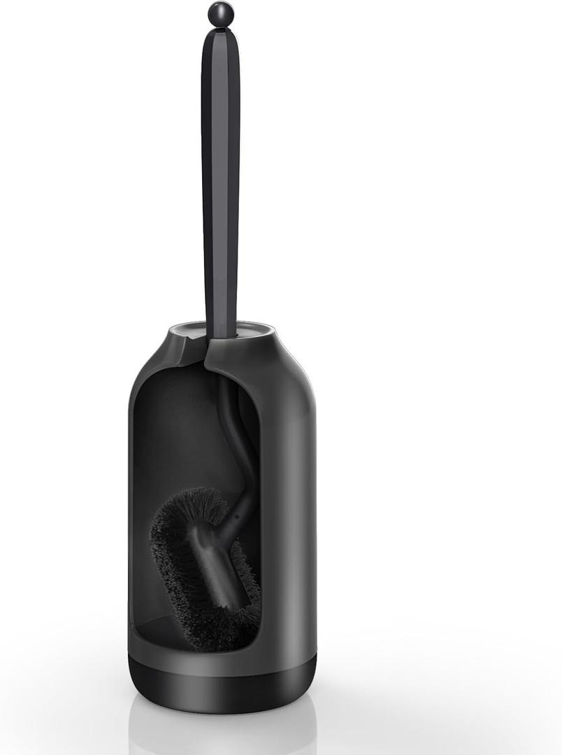 HAMITOR Toilet Bowl Brush Holder Set: Bathroom Deep Cleaning Toilet Cleaner Scrubber Under Rim with Curved Bristle for Dead Corner Clean - Hidden Rv Toilet Decorative Accessories with Caddy- Black (1 pack)