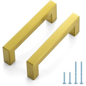JOY DECOR 50 Pack Cabinet Handles, Gold Cabinet Pulls, 3-3/4 Inch Kitchen Handles Square Drawer Pulls Stainless Steel Drawer Hardware Handles, 96mm Hole Centers