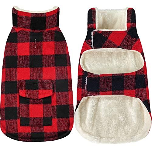Malier Dog Winter Coat, Classic Plaid Fleece Dog Cold Weather Coats Pet Jacket with Pocket, Windprood Warm Coat Vest Pet Clothes Apparel for Small Medium Large Dogs (Red, Large)