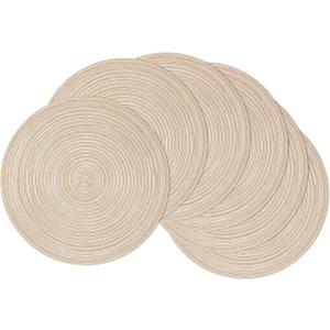 SHACOS 15 inch Round Braided Placemats Set of 6 Non Slip Heat Resistant Cotton Polyester Table Mats Washable Place Mats for Kitchen Dining Party Table Decor (Beige, 6)