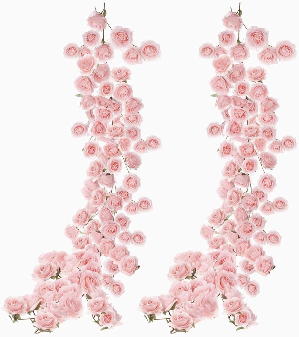 Daifunli 2 Pcs Pink Artificial Rose Vine Hanging Faux Flowers Garland for Wedding Anniversary Birthday Party Background Arch Garden Home Wall Room Decor