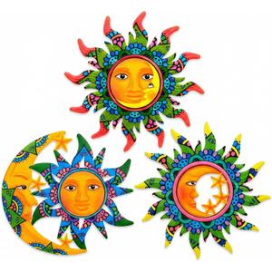 3 Pcs Metal Sun Outdoor Wall Art Decor, Colorful Laser Printed Mexican Style Patterns, Outdoor Decorations for Garden Yard Patio Lawn.