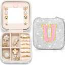 Soleebee Bling Crystal Travel Jewelry Case, U Initial Jewelry Box for Women Girls, Portable Small Jewelry Organizer Travel Essentials for Necklace Earrings Rings - Letter U, Silver
