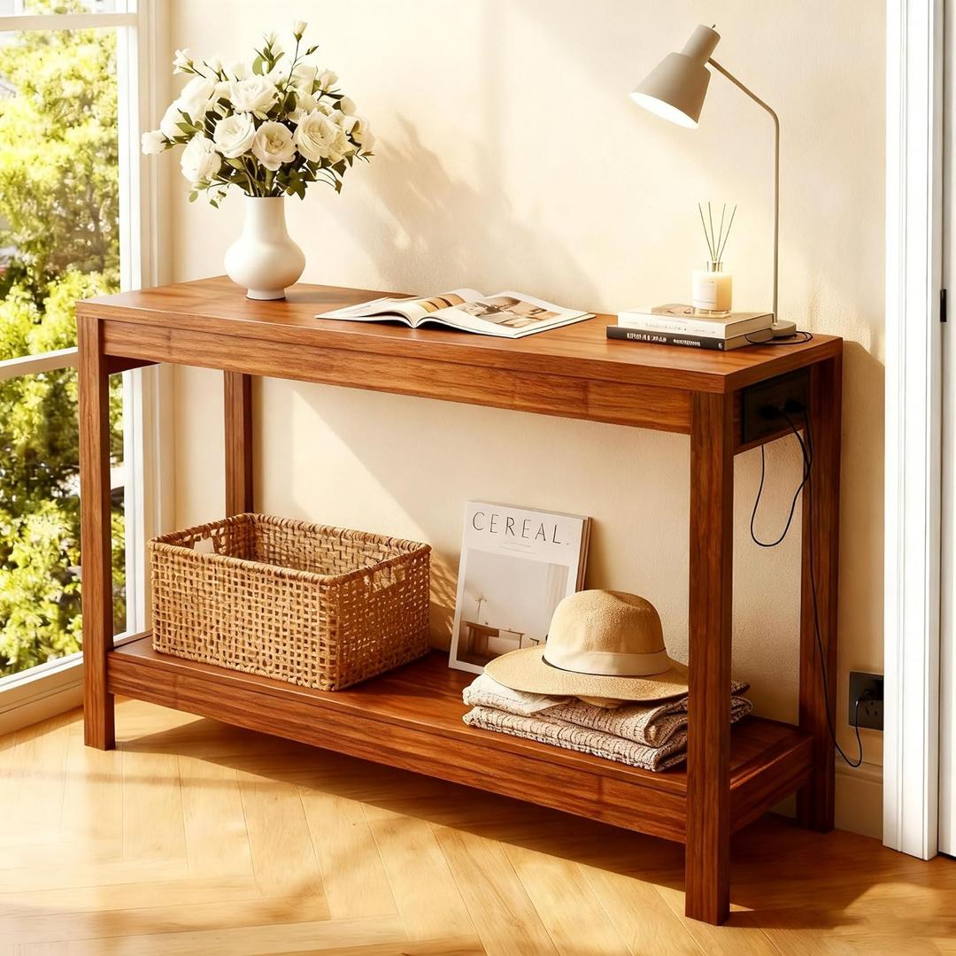 47" Entryway Table, Narrow Console Sofa Table, with Outlets and USB-C Port, Entryway Table with Open Storage, for Living Room, Hallway, Entryway, Foyer, Kitchen Counter, Golden Walnut
