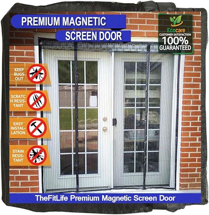TheFitLife Double Door Magnetic Screen  Mesh Curtain with Full Frame Hook & Loop Powerful Magnets, Snap Shut Automatically for Patio, Sliding Or Large Door, Black Fits Doors up to 72''x80'' Max