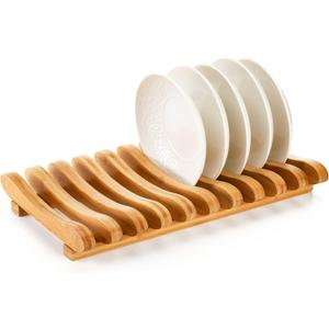 Frcctre Bamboo Dish Drying Rack, 10 Slots Bamboo Cabinet Plate Stand Dish Drainer Wooden Plate Rack Pot Lid Holder Kitchen Dish Plate Storage Organizer for Countertop Cabinet