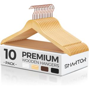 Smartor Wooden Hangers 10 Pack, Solid Wood Coat Hanger for Closet, Heavy Duty Wood Hangers for Suits, Shirts, Dresses, with 360 Rose Gold Hook, Non Slip Pant Bar, Natural