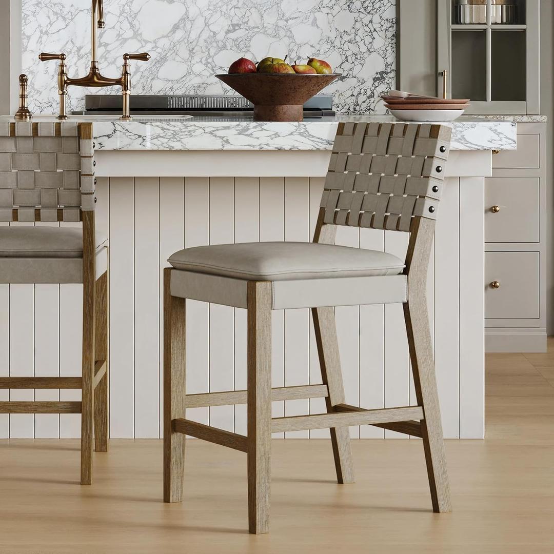 Nathan James Cohen Coastal Bar Stool, Wood Counter Height Leather Bar Stool with Back for Kitchen Island, Gray Mahogany