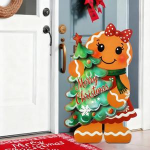 21.2 Inches Wooden Christmas Gingerbread Man Porch Sign Christmas Decoration Front Door Rustic Gingerbread House Decor Xmas Tree Welcome Standing Sign Cutout for Outdoor Indoor Porch Party