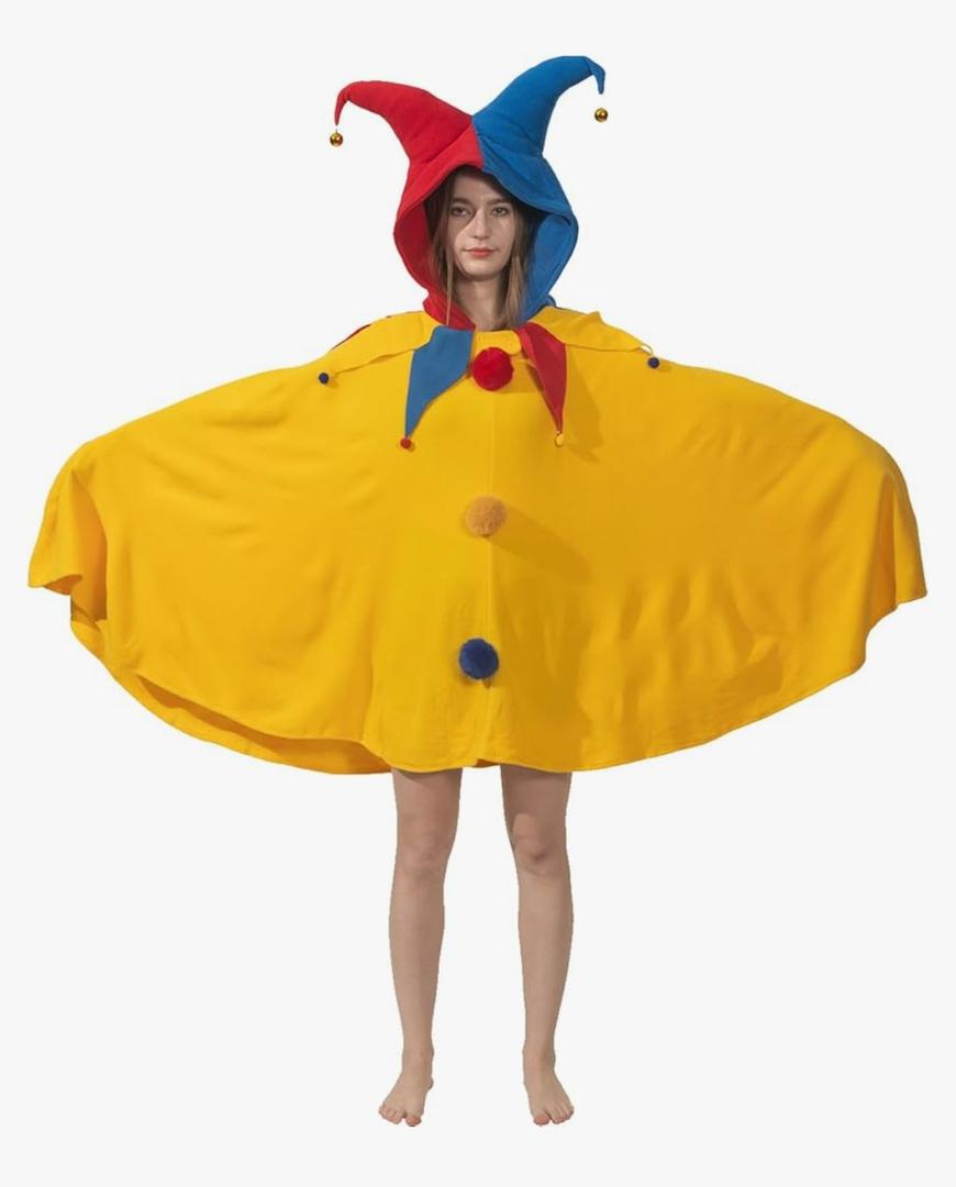 Cozy Jester Costume - Renaissance Court Jester Cosplay Hooded Cape with 2 Bells - Halloween Costume for Women Men, One Size