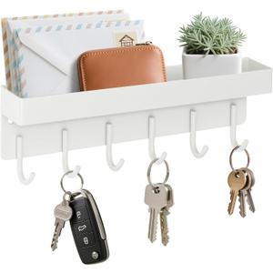 Magnetic Key Holder Wall Mount, Small Metal Key Rack with Tray, 9.6 Inch, 6 Hooks, 2 Installation Options, White