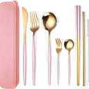 AARAINBOW 8 Pieces Stainless Steel Flatware Set Portable Reusable Cutlery Set Travel Utensils Set Including Chopsticks Knife Fork Spoon Straws Cleaning Brush Dishwasher Safe (Pink Golden)
