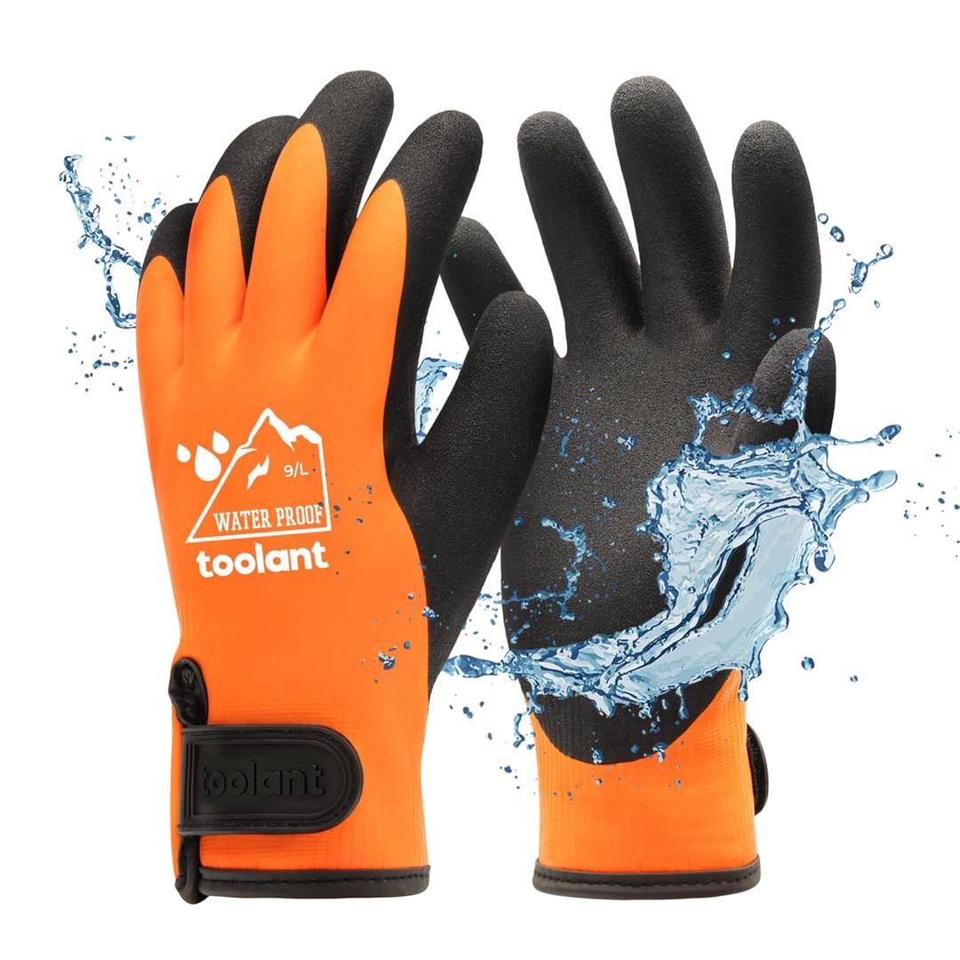 toolant 100% Waterproof Gloves for Men and Women, Winter Work Gloves for Cold Weather, Touchsreen, Thermal Insulated Freezer Gloves, With Grip, Orange, Large