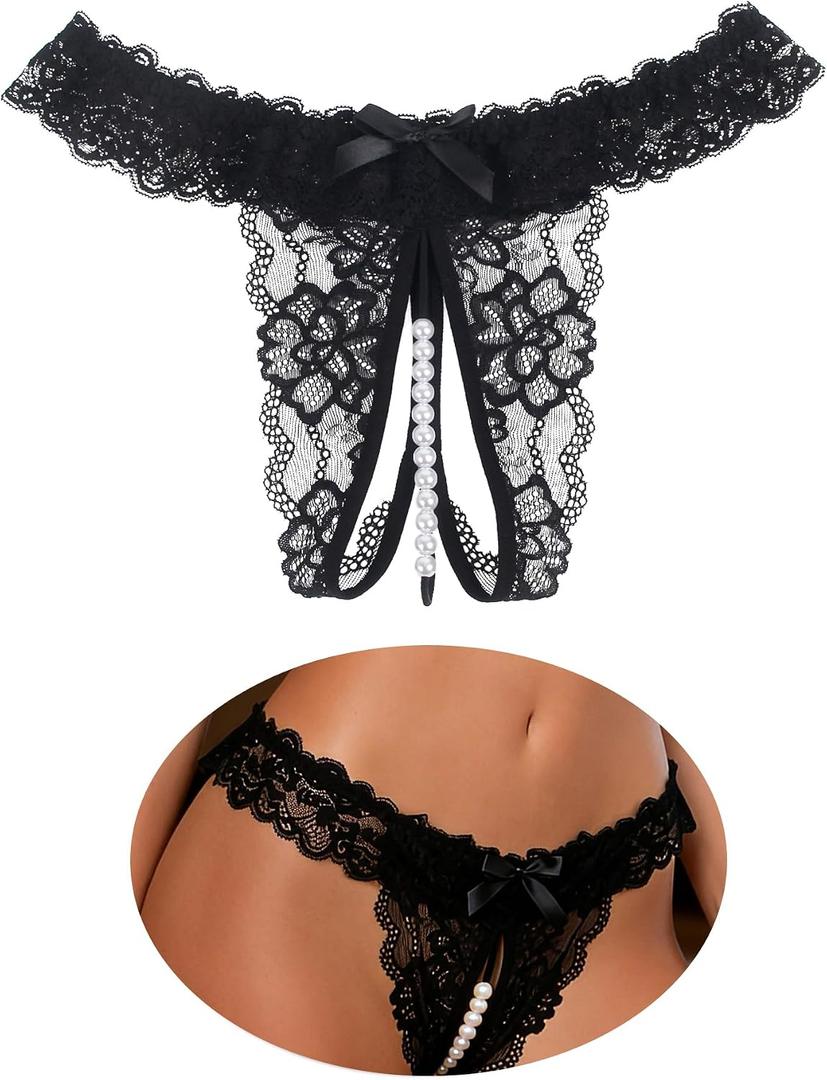 comeondear Womens Sexy Thong Cutout Panties Pearls Cheeky Underwear | Plus Size Cheeky Panties with Cute Bowknot Pearl Ball, Micro Low Waist Lace G-String, Sexy Lingerie for Women, S-3XL (Black)