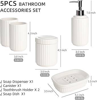 White Bathroom Accessory Set 5PCS, Ceramic Bathroom Accessories Set, Classic Design Bathroom Accessories Sets Complete, Home Apartment Modern Bathroom Decor Vanity Countertop, ANTIS'S HOME