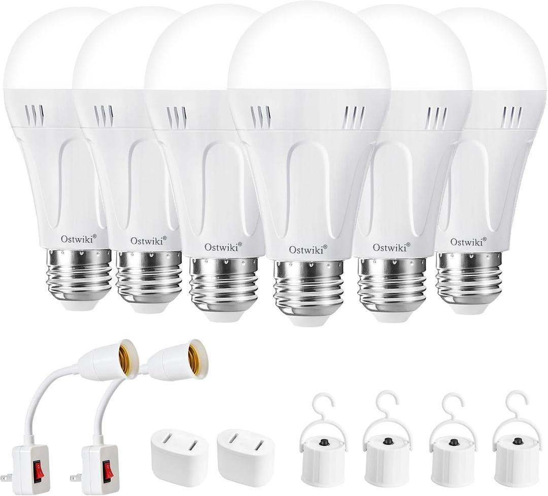 Ostwiki 6 Pack Rechargeable Light Bulbs,Battery Operated Backup Light Bulb for Lamps E26 9W 6500K Daylight,A19 Emergency LED Bulbs for Home Power Outage Hurricane,Blizzard,Camping