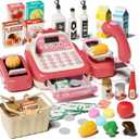 49Pcs Cash Register Toy Set for Kids, Pretend Play Grocery Store Cashier Playset with Conveyor Belt, Scanner, Weighing Scale, Calculator & Microphone, Toys Gift for Toddlers Ages 3-8 (Pink)