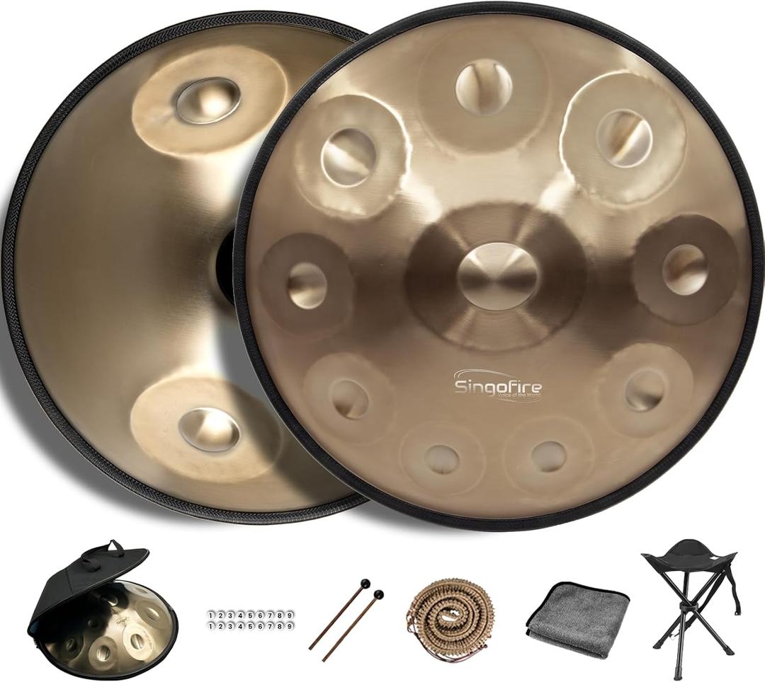 New Upgrad Dual-Faced Scale 12-Notes Handpan Drum, Handpan Drums for Adults, 440Hz D Minor Kurd Handpan, 10-Note Scale on Top, 2-Note Scale on Bottom, Beginner Handpan Drum (Gold, 22 Inch)