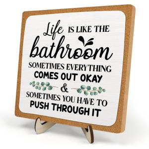 Bathroom Decor, Vintage Bathroom Wood Plaque Sign, Life is Like The Bathroom Sign Desk Decor, Farmhouse Decor for Shelf Bathroom Toilet Home Decor 5.9x5.9 Inch (White-1)