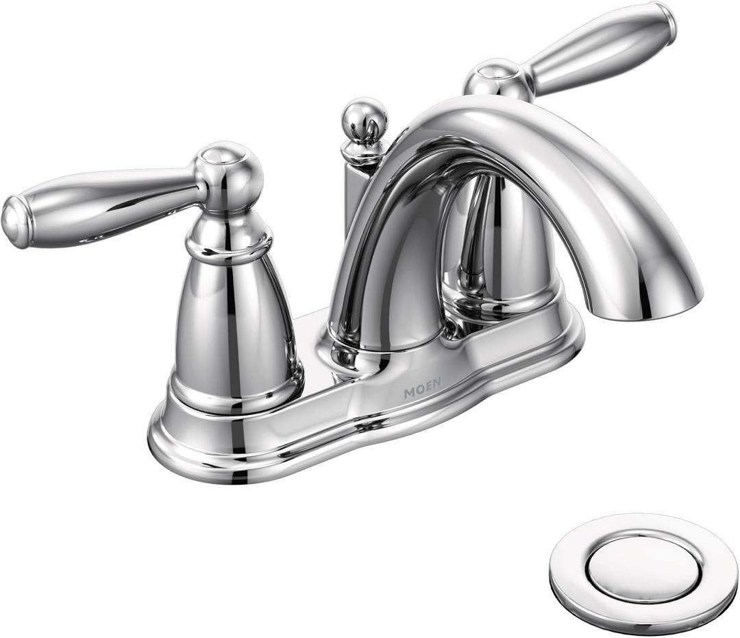 Moen Brantford Chrome Two-Handle Low-Arc Traditional Centerset Bathroom Faucet with Drain Assembly, 6610