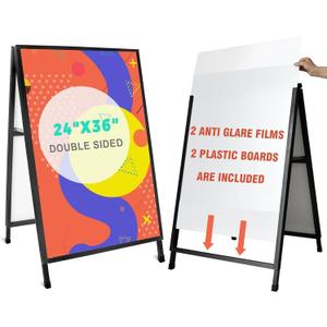 24x36 Inches Double Sided Heavy Duty Slide-in Folding A-Frame Sidewalk Curb Sign Stand Display Poster Boards Poster Holder Frame Chalkboard Sign, (Black-Metal)