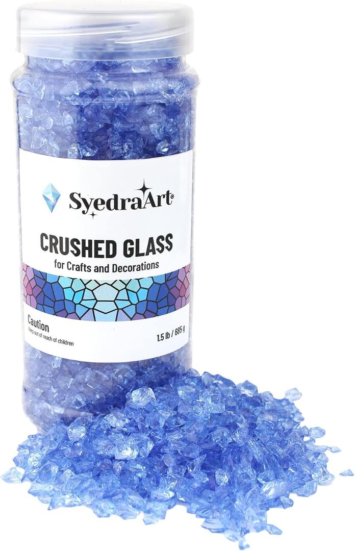 Syedra Crushed Glass for Crafts,Broken Glass Pieces,Bar, Garden Decoration 3-6mm, 1.5 Pound Jar (Sea Blue)