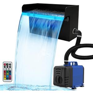 Pond Waterfall Spillway Kit, 8 inch Stainless Steel Spillway with Remote Control LED Lights, 660GPH Submersible Water Pump, Outdoor Waterfall Fountain for Water Feature, Garden, Backyard, Pool