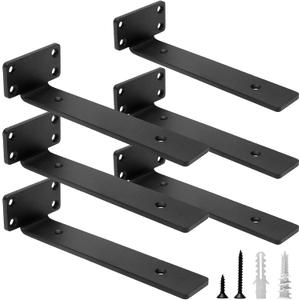 HITOMEN Heavy Duty Floating Shelf Brackets, 8-Inch (1/5'' Thick) Hidden Shelves Hardware, Cast Iron L Brackets, Rustic Industrial Black Metal Wall Shelving Supports, 6 Pack
