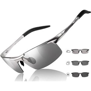 TJUTR Mens Photochromic Sunglasses Day & Night Driving Z87 Sun Glasses Polarized UV400 Protection Safety Glasses (A Silver Frame/Grey Photochromic Polarized Lens)