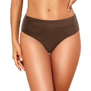 Women Full Coverage Bikini Bottoms - Mid Rise Bathing Suit Ruched Swim Bottom Swimsuit Swimwear (Size Medium, Brown)