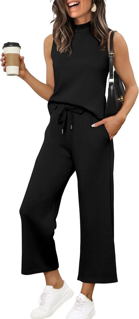 XIEERDUO Two Piece Sets for Women Summer Lounge Sets Beach Vacation Travel Outfits Casual Wide Leg Pants Matching Sets (Medium, 0-black)