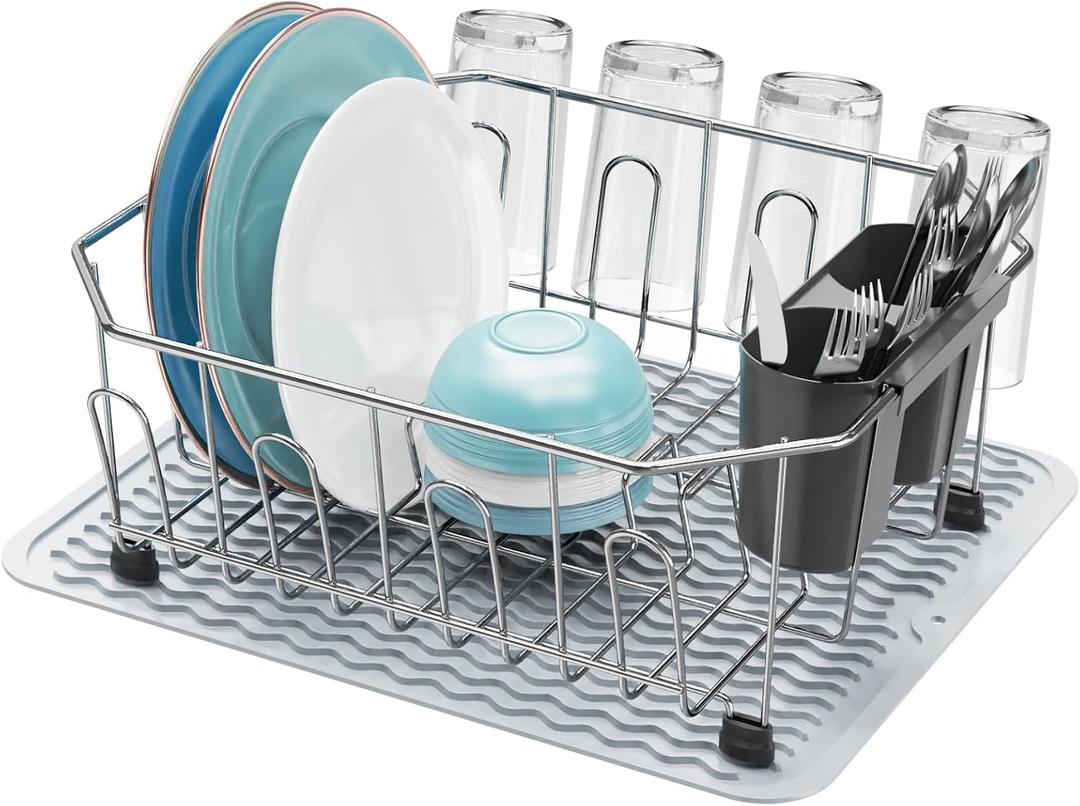 GSlife Small in Sink Dish Drying Rack - Stainless Steel Compact Dish Drainer with Silicone Drying Mat for RV Kitchen Apartment Sink, Silver (Small - 13.4" x 11.6" x 5.3")