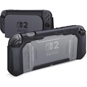 PlayVital METEOR Grip Case for Nintendo Switch 2 with Thumbstick Caps & Ergonomic Grips  Dockable Shockproof Anti-Slip Cover with Clear Back Design for Switch 2 Protective Shell  Black