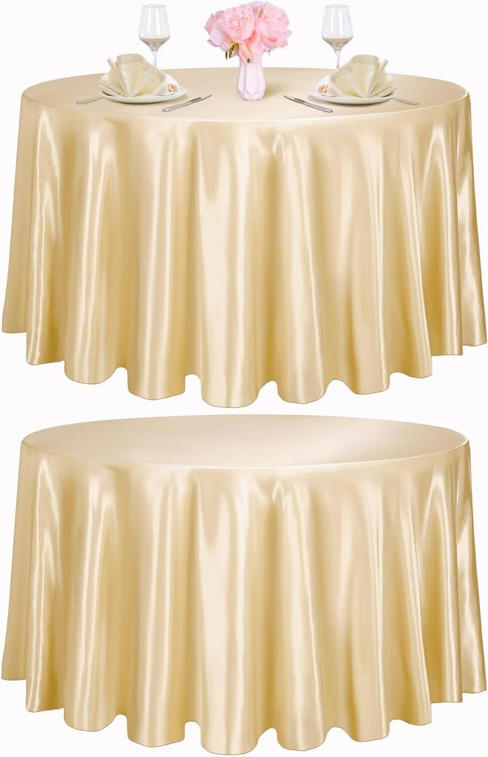 TURSTIN 2 Pieces Round Satin Tablecloth 120 Inches Overlay Table Cover Smooth Fabric Table Decor Bright Silk Tablecloth for Holiday Dinner Wedding Banquet Decoration (Champagne)