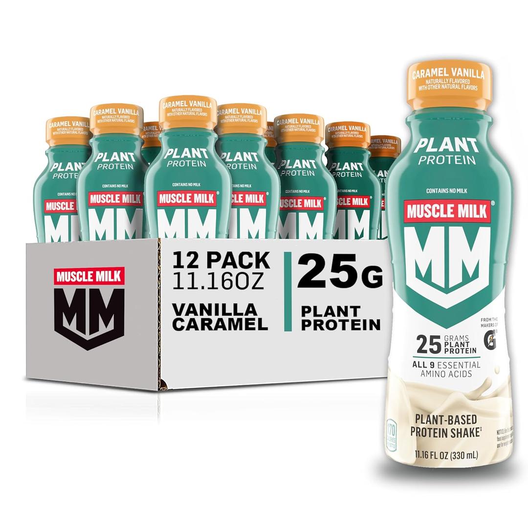 Muscle Milk Plant Based Protein Shake, Vanilla Caramel, 11.16 Fl Oz (Pack of 12) BBD: 09-10-26