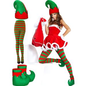 SATINIOR 4 Pcs Christmas Elf Costume for Women - Elf Hat, Shoes, Striped Tights, Stocking, Cosplay Accessory - Multicoloured