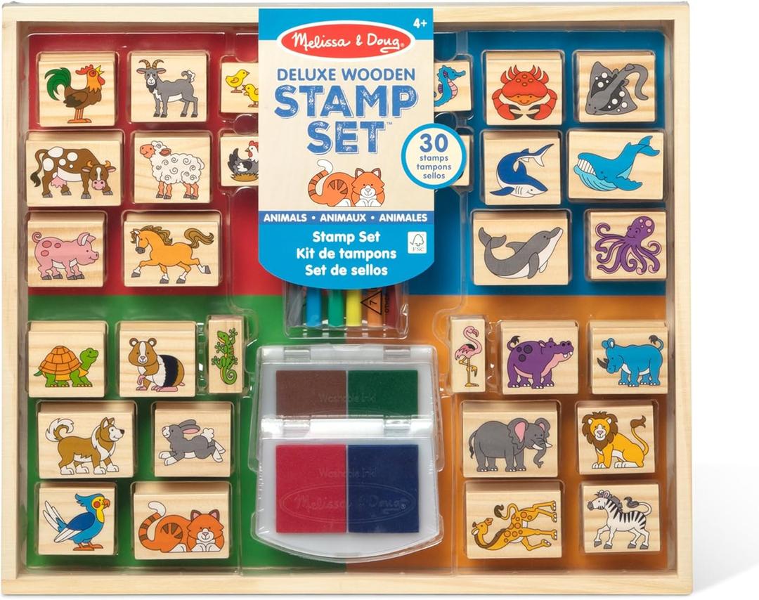 Melissa & Doug Deluxe Wooden Stamp Set: Animals - 30 Stamps, 6 Markers, 2 Stamp Pads
