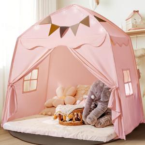 Extra Large Toddler Bed Tent & Kids Play Tent Bed Tent with Flags & Star Lights, Portable & Foldable Teepee, Indoor Outdoor Dome Tent Playhouse, 59x39x59 in,Pink