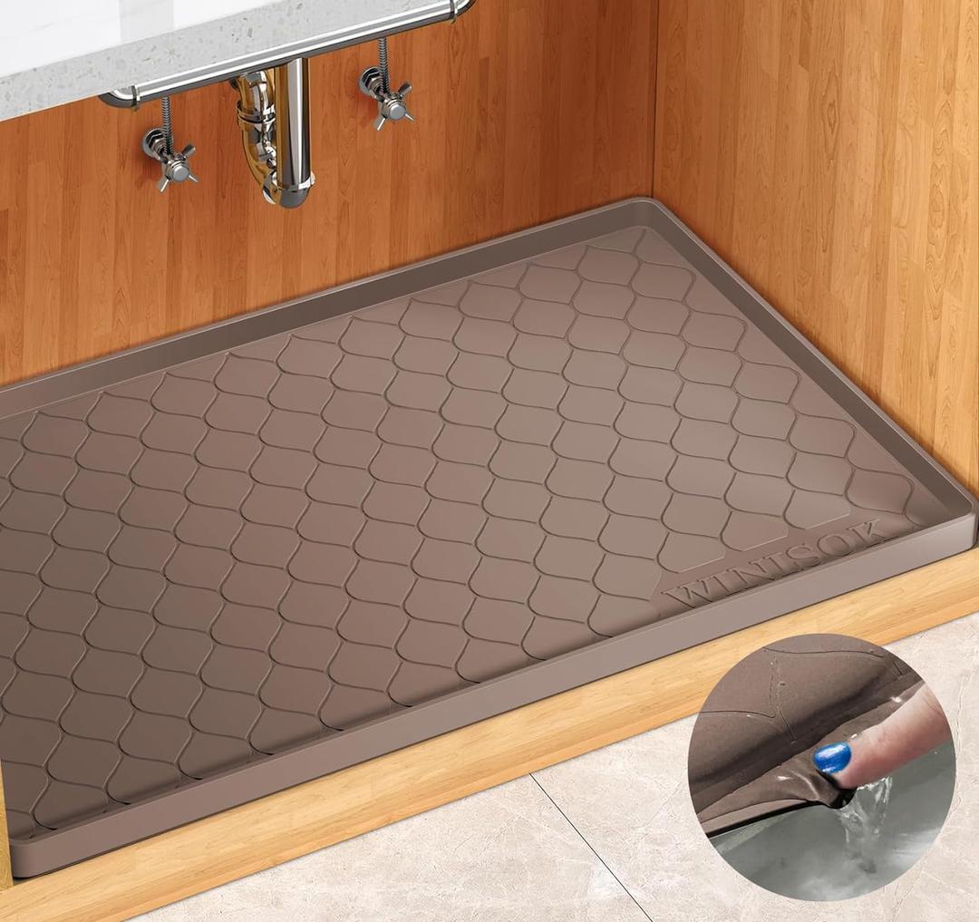 Silicone Under Sink Mat 34" x 22", Kitchen Essentials and Gadgets, Shelf Liner and Cabinet Protector, Home Organizers and Storage, Waterproof Bathroom Tray (22"W x 34"L, Brown)