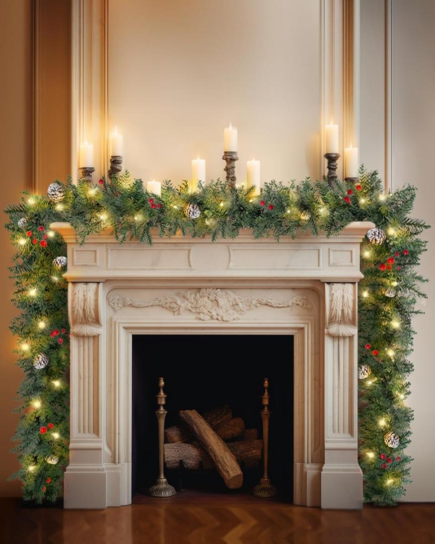 Pre-lit Christmas Garland, 9FT Holiday Artificial Decor with Red Berries & Pine Cone for Stairs Wall Door, Indoor Outdoor Garland with Battery Operated Timer