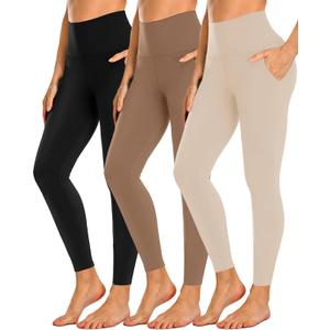 NEW YOUNG 3 Pack Leggings with Pockets for Women,High Waisted Tummy Control Workout Yoga Pants (Large-X-Large, 3 Pack Black/Mocha/Light Khaki)