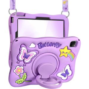 Kidcube for iPad Air 11 Inch Case M3 2025/M2 2024, Pro 11'' 4th/3rd/2nd/1st, Air 5th/4th Generation Case - Girls Cute Kawaii Girly 3D Purple Butterfly Design with Rotating Stand & Strap Silicone Cover