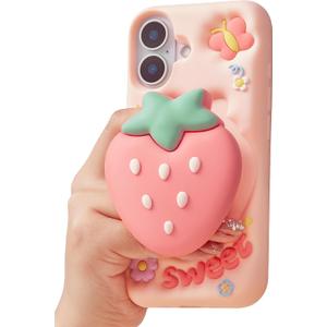 Cute 3D Strawberry Pop-Up Stand and Grip Phone Case for iPhone 16, Kawaii Girly Silicone Fruit Cover for Girls and Women, Pink