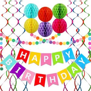 Happy Birthday Banner, Rainbow Birthday Banner, 6 Honeycomb Balls, 8 Metallic Hanging Swirls and Circle Paper Garland, Happy Birthday Decorations