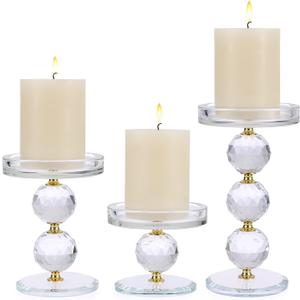 OwnMy Set of 3 Gold Crystal Glass Pillar Candlestick Holders Votive Candle Holder Set, Clear Glass Tea Light Candle Stick Holders Pillar Candle Stand Modern Candle Centerpiece for Living Room Wedding