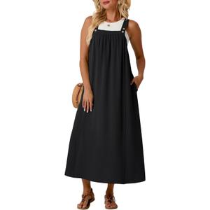 Lepunuo Summer Dresses for Women 2026 Casual Boho Overall Dress Adjustable Cover up with Pockets (Black, XXL)